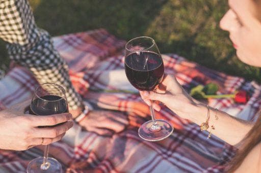 Couple on a picnic blanket with wine glasses about to toast.