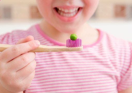 A young girl holding a bamboo toothbrush with pea-sized toothpaste on top.