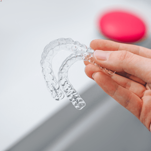A hand holding ClearCorrect aligners.